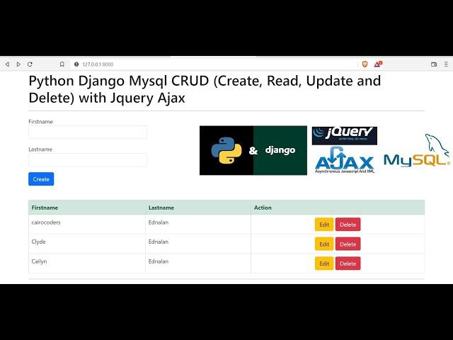 Python Django Mysql CRUD (Create, Read, Update and Delete) with Jquery Ajax