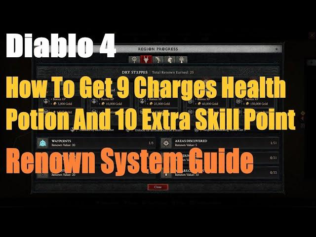 Diablo 4, How To Get 9 Charges Health Potion And 10 Extra Skill Point, Renown System Guide