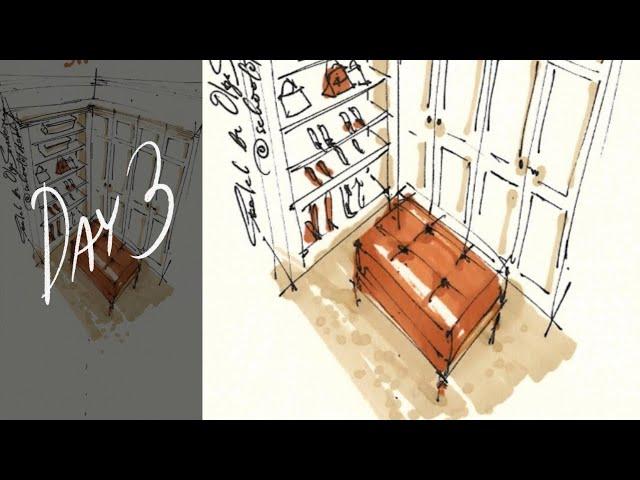 ️Day 3: Wardrobe Interior Sketch in 3-Point Perspective