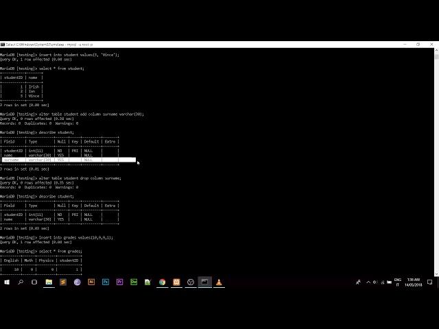 (MySQL) Create a database, alter table, insert into, drop column, foreign key using CMD.