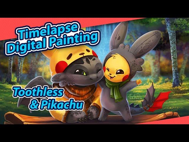 Toothless and Pikachu - Time Lapse Digital Painting