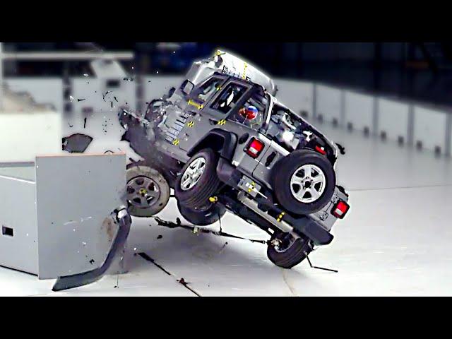 Crash Test FAIL Jeep Wrangler - ROLL OVER During SMALL Overlap Test