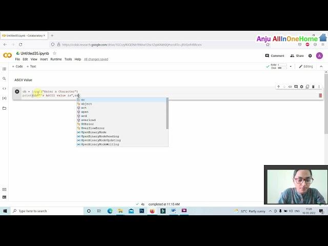 Python Program To Find ASCII value of a character in Google colab | Python ord() Function for ASCII