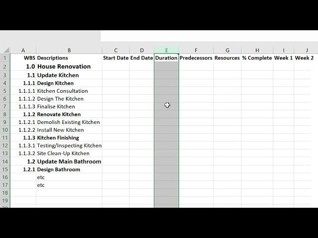 How to create a Gantt Chart in MS Excel, using Work Breakdown Structure (WBS): Project Management