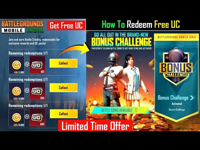 BGMI FREE UC REDEEM EVENTS | FINALLY FREE UC EVENT IN BGMI | BGMI BONUS CHALLENGE IS HERE |