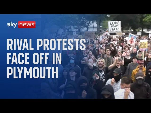 UK riots: Rival protests face off in Plymouth as riot police try to keep peace