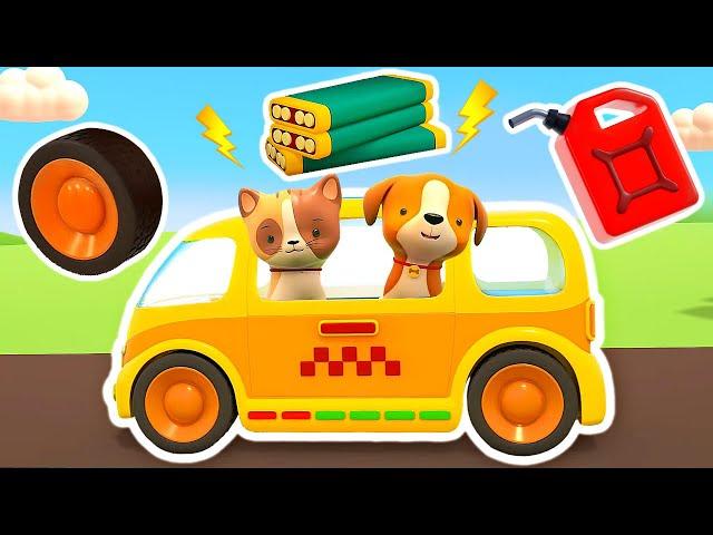 The yellow car needs help. Helper Cars & a police car save the broken taxi. Baby cartoons for kids.