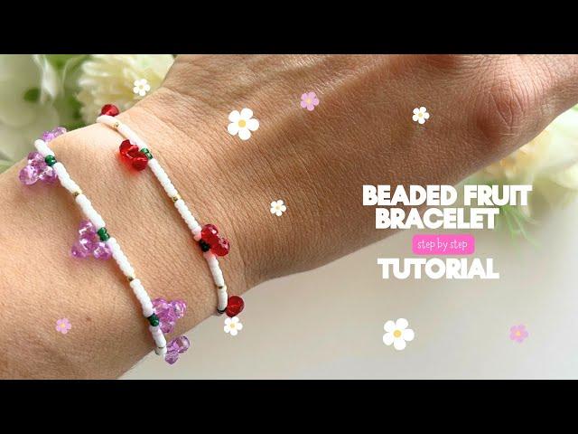 beaded fruit bracelet tutorial, how to make cherry bracelet, diy beaded bracelets for beginners