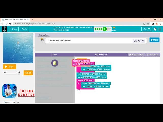Code org Lesson 13 Snowflakes with Anna and Elsa