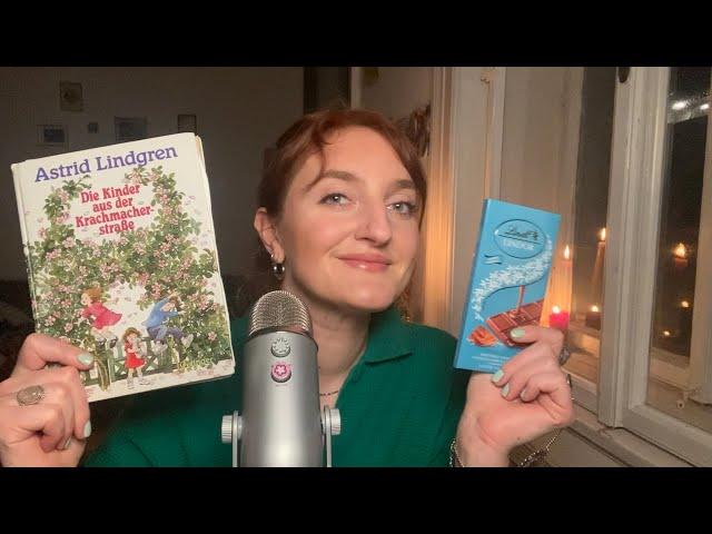 ASMR tapping on chocolate  & reading a good night story + small mukbang