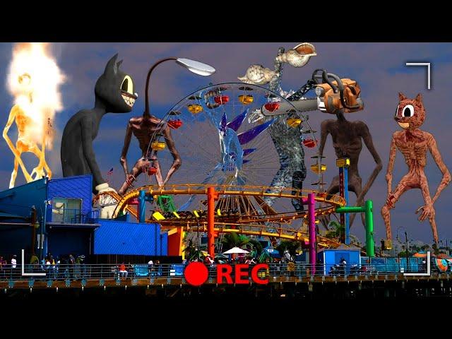 ALL Siren Head & Cartoon Cat CREATURES ATTACKS AMUSEMENT PARK on CAMERA..! *In Santa Monica*