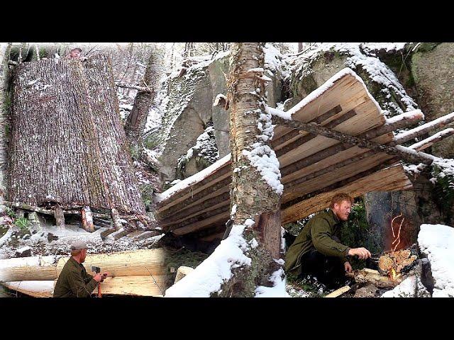 Bushcraft Shelter Build TIMELAPSE - All Natural Primitive Bark Roof Shelter