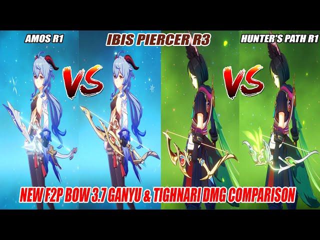 Ganyu & Tighnari New F2P Bow 3.7 Ibis Piercer R3 vs Amos R1 vs Hunter's Path R1 DMG Comparison