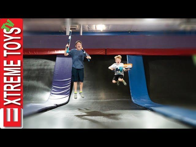 Trampoline Park X-Shot Blaster Showdown! Sleepy Sneak Attack Squad.