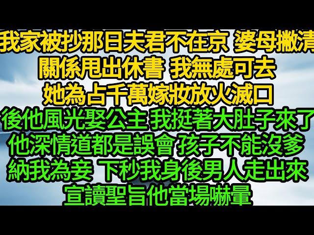 我家被抄那日夫君不在京，婆母撇清關係甩出休書，我無處可去 她為占千萬嫁妝放火滅口，半年後他風光娶公主 我挺著大肚子來了，他深情道都是誤會孩子不能沒爹 納我為妾，下秒我身後男人走出來宣讀聖旨 他當場嚇暈