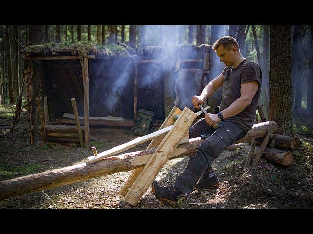 Two Days Bushcraft Trip - Shaving Horse, Birch Bark Spoon, Soup on Birch Sap - No Talk, ASMR