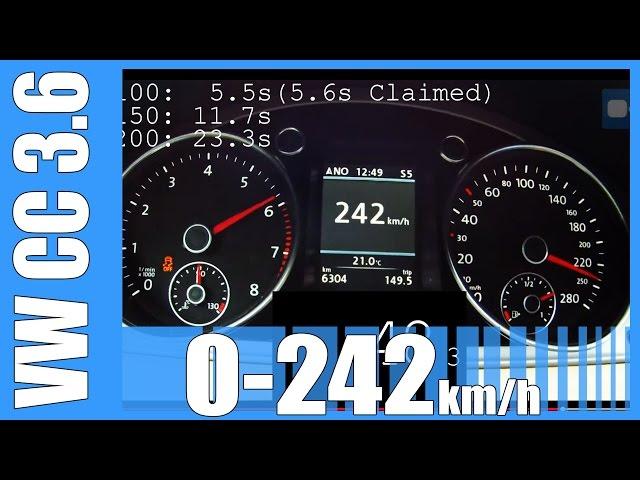 VW CC 3.6 V6 FAST! 0-242 km/h 300 HP LAUNCH CONTROL Acceleration Beschleunigung Test Autobahn