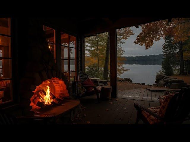 Porch Cabin by the lake with Rain Falls outside | Relaxing and Sleep well with Cozy Fireplace