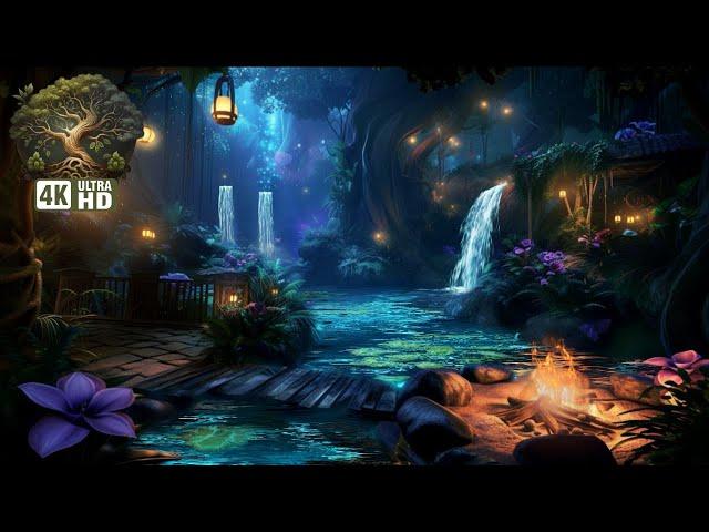 Bioluminescent Forest Ambiance: Nature Sounds at Night and Relaxing whispering Waterfall 