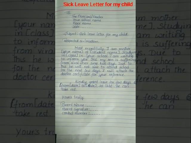 Sick Leave Letter from parents in English/Sick Leave Letter for my child/ Sick Leave Letter