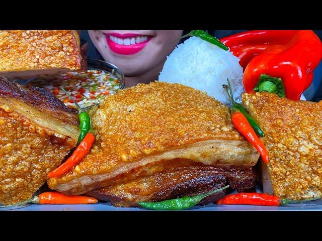 ASMR CRISPY PORK BELLY LECHON, SPICY DIPPING SAUCE, CHILI, RICE MUKBANG MASSIVE Eating Sounds