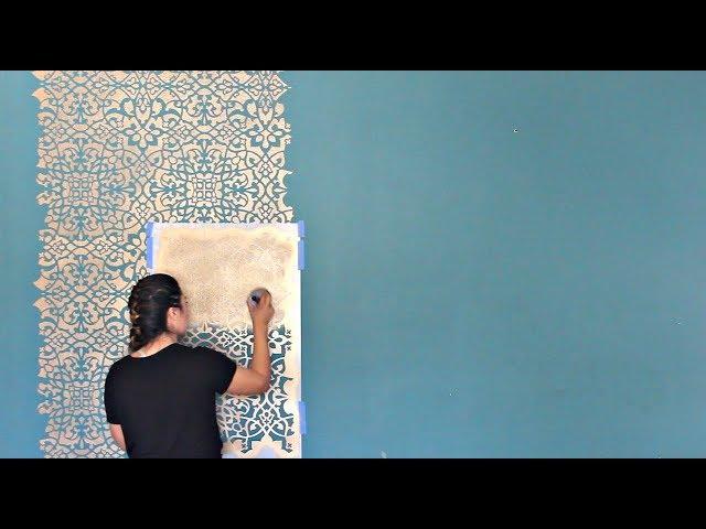 How to Stencil a DIY Wallpaper Look for Less! Painting a Feature Wall with Pattern for Cheap!