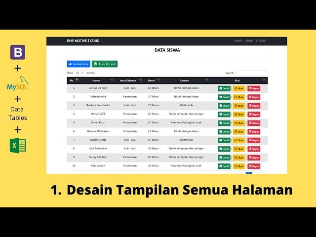 1. Desain Tampilan Semua Halaman | CRUD PHP MYSQLi | Bootstrap 5 | Data Tables