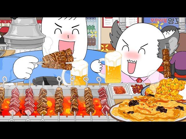 Lamb skewers&Beer Mukbang! / Animation ASMR