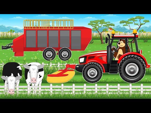The Bear Farm: Tractor Mowing field of Grass, Food for Dairy Cows | Vehicles Farm Animated