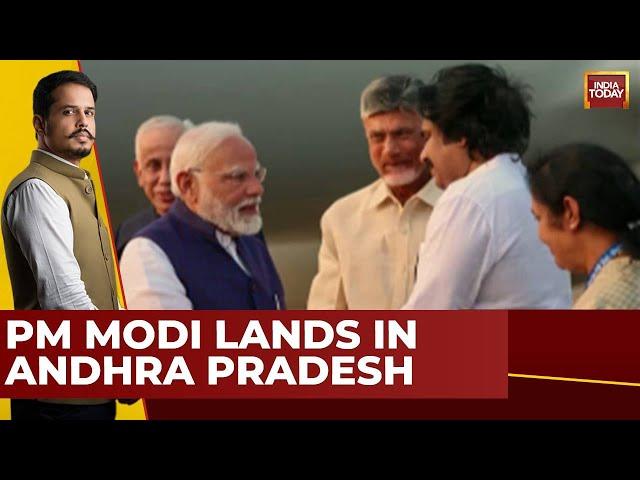 PM Modi Lands In Andhra Pradesh For NDA Road Show With CM Naidu And Deputy CM Pawan Kalyan