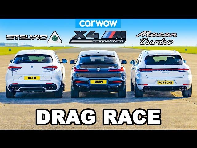 BMW X4M v Porsche Macan Turbo v Alfa Stelvio QV: DRAG RACE