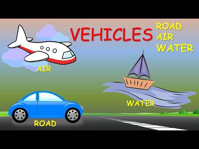 Vehicles, Road Vehicles, Air Vehicles, Water Vehicles, Vehicles names, Vehicles for kids. Transport.