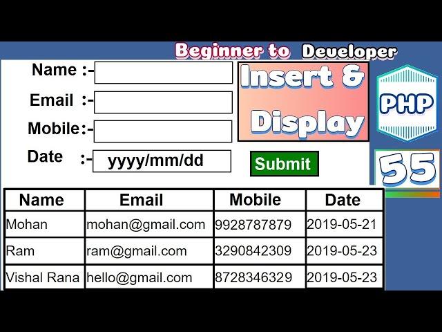 Insert data into database and display in HTML table using PHP and MYSQL | Tutorial - 55