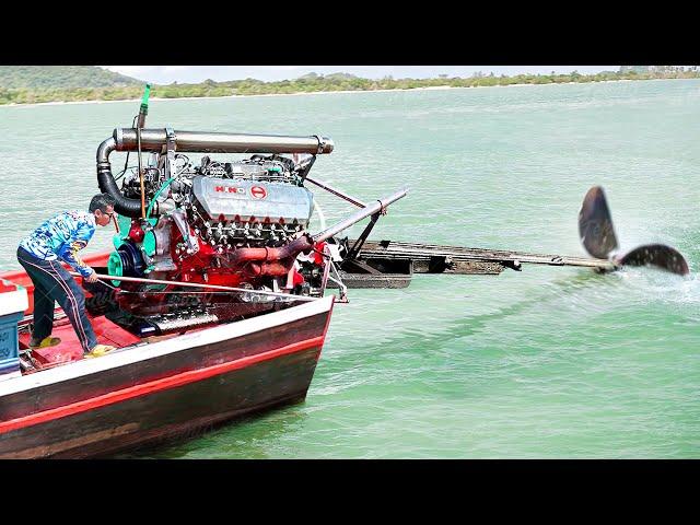 Starting Dangerous Massive V8 Diesel Truck Engine on a Tiny Boat