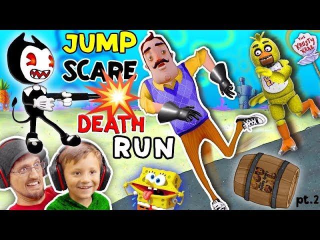 HELLO NEIGHBOR SPONGEBOB DEATHRUN vs. BENDY & THE INK MACHINE! Krusty Krab FNAF Jump Scares 4 FGTEEV