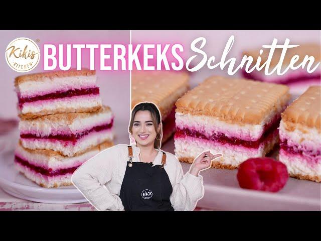 Butterkeks-Schnitte OHNE Backen - mit Creamcheese und Himbeer-Füllung 