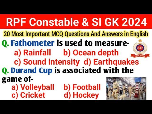 RPF Constable And SI GK 2024 || RPF Constable GK Questions In English || RPF Constable & SI 2024