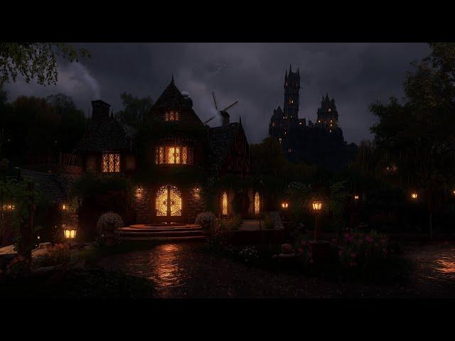 Medieval Town Night Ambience | Relaxing Heavy Rain & Thunderstorm Sounds, White Noise