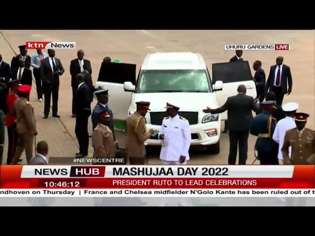 Musalia Mudavadi and wife Tessie Mudavadi arrive at Uhuru Gardens for Mashujaa Day celebrations