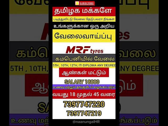 CHENNAI JOB VACANCY 2024| CHENNAI VELAI VAIPPU 2024| naanungalHR #tamiljobs #mrf