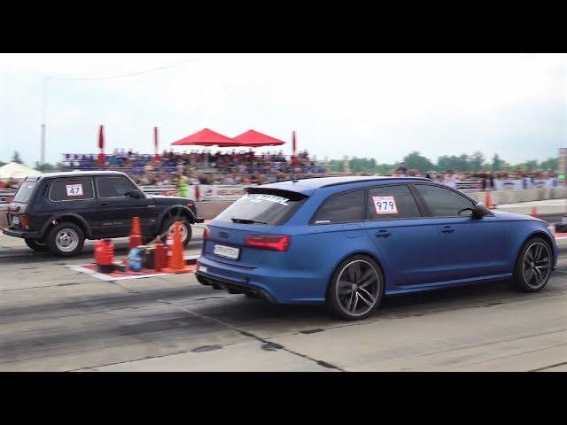 1500 HP Lada Turbo Niva V8 LS Engine (Sleeper) vs Audi RS6 vs Audi RS3 - Drag Race And Burnouts