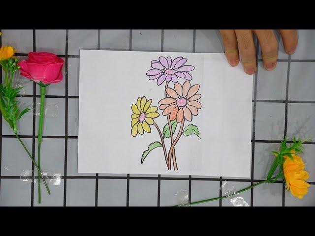 Color the picture of sunflowers with colored pencils