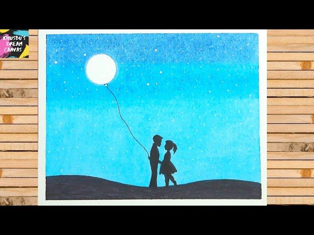 How to draw a beautiful moonlight scenery with oil pastels || Moonlight scenery drawing