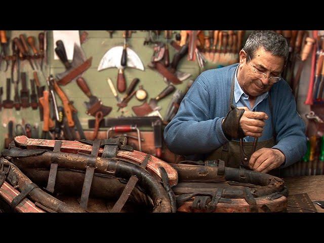 The saddler and his job (at 80 years old) of fixing collars and rigging for horses