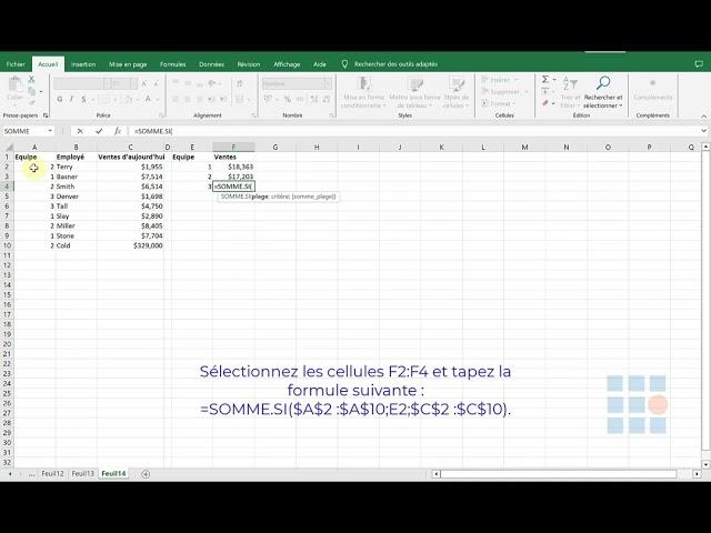 Utilisez la fonction SOMME.SI pour déterminer les ventes d'une équipe avec Excel