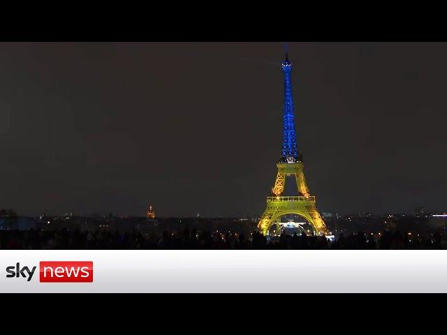 Eiffel Tower illuminated with colours of Ukraine to mark first anniversary of war