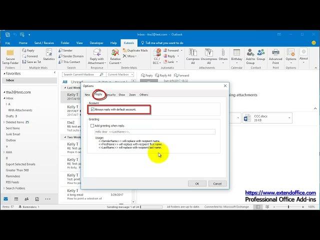 How to reply massages with default email account in Outlook