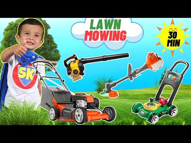 Best Lawn Mower, Weed Eater, Leaf Blower 30 Minute Video with Super Krew Mowing the Lawn for Kids