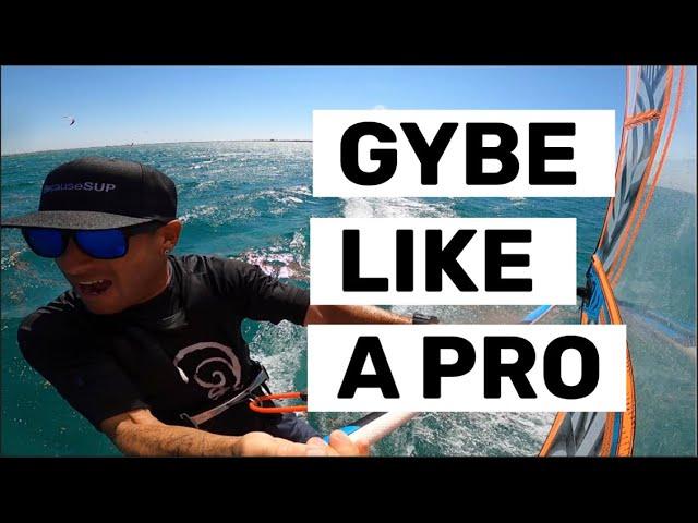 How to carve gybe, starting with non-planing moves.  Windsurf Ride-Along sessions with Cookie