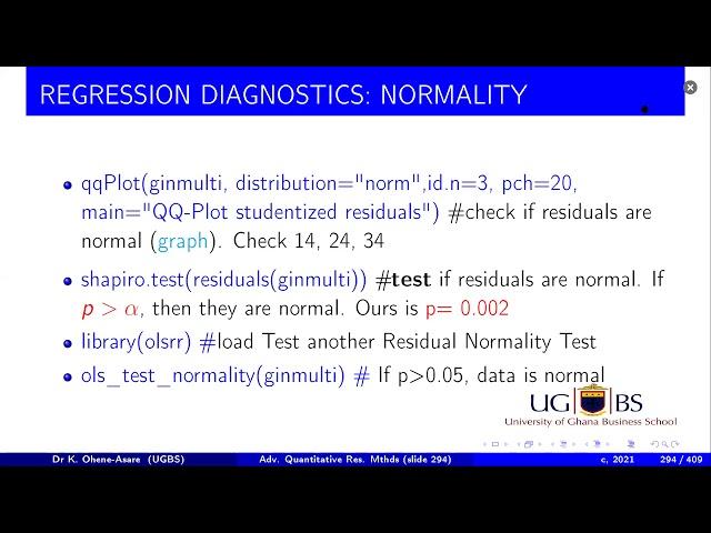 9c Regression Diagnostics in R – Normality; olsrr, gvlma